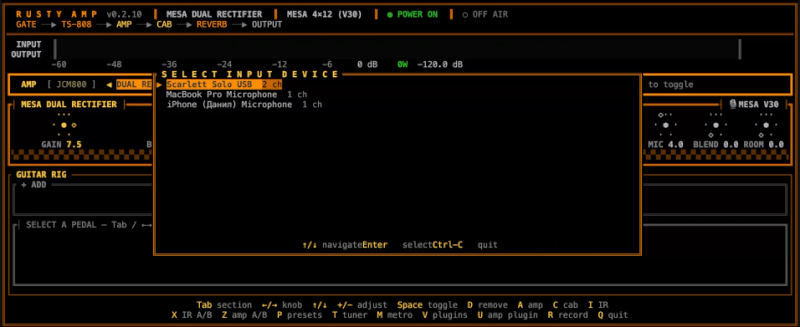 rusty-amp demo: switching amps and stacking pedals from the terminal
